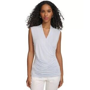 Calvin Klein Women's Solid Ruched-Front V-Neck Sleeveless Blouse Artic Blue XL